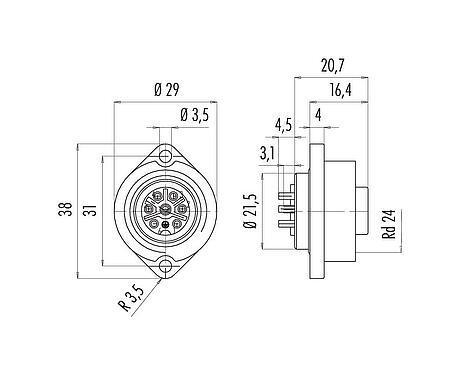 Schaaltekening RD24 Female panel mount connector, aantal polen: 6+PE, onafgeschermd, soldeer, IP67, UL, ESTI+, VDE, Frontaansluiting