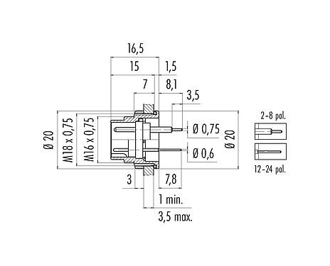 Scale drawing 09 0131 90 12 - M16 Male panel mount connector, Contacts: 12 (12-a), unshielded, THT, IP67, UL, front fastened