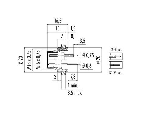 Maßzeichnung M16 Flanschstecker, Polzahl: 3 (03-a), ungeschirmt, THT, IP67, UL 2238, M18x0,75, Rückwandmontage
