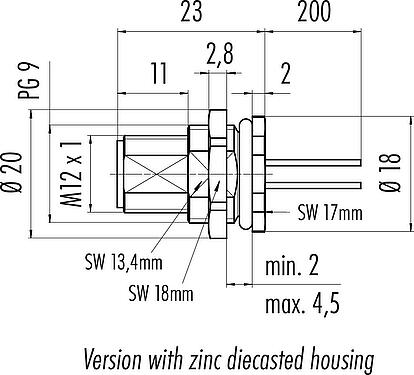比例图 M12 针头法兰座, 极数: 5, 非屏蔽, 带导线, IP68, UL 2238, PG 9, 後壁安裝