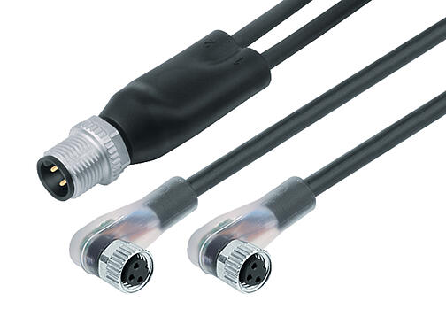 Illustration 77 9829 3608 50003-0200 - M12 Male duo connector - 2 female angled connector M8x1, Contacts: 4/3, unshielded, moulded on the cable, IP67, PUR, black, 3 x 0.34 mm², with LED PNP, 2 m