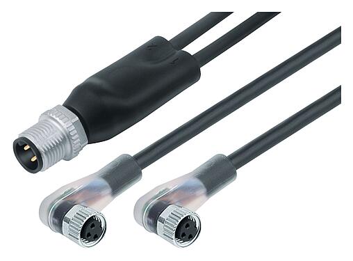 Abbildung M12/M8 Kabelsplitter Kabelstecker - 2 Winkeldosen, Polzahl: 4/3, ungeschirmt, am Kabel angespritzt, IP67, UL 2238, PUR, schwarz, 3 x 0,34 mm², mit LED PNP, 1 m