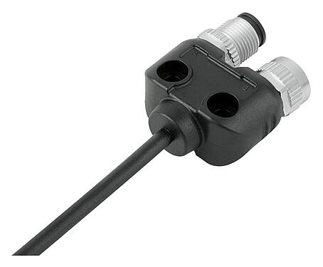 Abbildung M12 Zweifachverteiler, Y-Verteiler, Polzahl: 4, ungeschirmt, am Kabel angespritzt, IP68, UL 2238, PUR, schwarz, 4 x 0,25 mm², 1 m