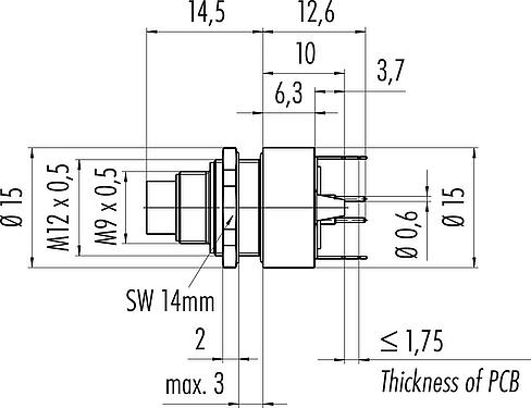 Scale drawing M9 Male panel mount connector, Contacts: 2, shieldable, THT, IP67, M12x0.5, Rear mounting, potted