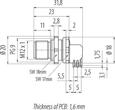 Scale drawing M12 Male panel mount connector, Contacts: 4, shieldable, THT, IP68, UL 2238, PG 9, Rear mounting, potted