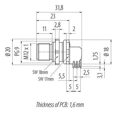 Méretarányos rajz M12 panelre szerelhető csatlakozó, : 4, árnyékolható, THT, IP68, UL 2238, PG 9, hátsó panel felszerelés