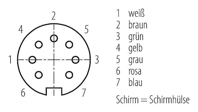 Polbild (Steckseite) M16 Kabeldose, Polzahl: 7 (07-b), geschirmt, am Kabel angespritzt, IP67, PUR, schwarz, 7 x 0,25 mm², 5 m