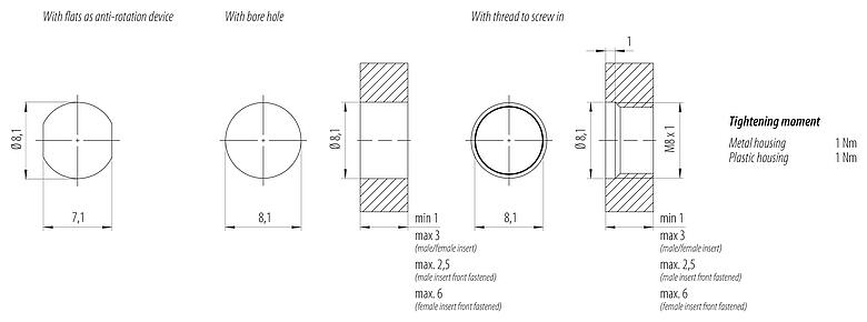 Szerelési adatok M8 panelre szerelhető csatlakozó, : 4, árnyékolatlan, sodrott vezeték, IP67, M8x1,0, hátsó panel felszerelés