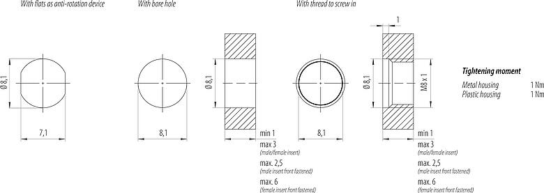 Assembly instructions / Panel cut-out M8 Male panel mount connector, Contacts: 4, unshielded, single wires, IP67, M8x1.0, Rear mounting