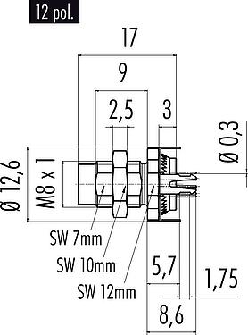 스케일 드로잉 M8 Male panel mount connector, Contacts: 12, shieldable, THT, IP67/IP69K, UL 2238, M10x0.75, Rear mounting, potted