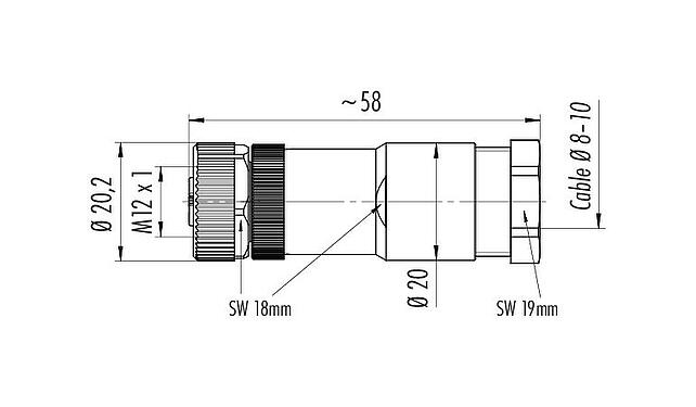 比例圖 M12 直頭孔頭電纜連接器, : 5, 6.0-8.0mm, 非遮罩, 螺釘接線, IP67, UL 2238, VDE, 用於供電
