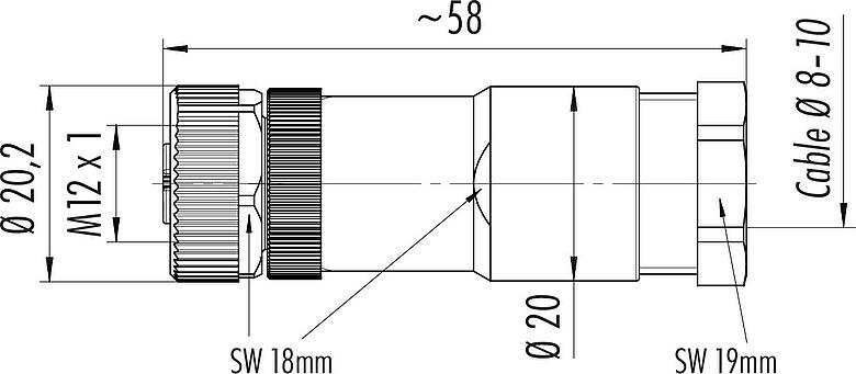 Scale drawing M12 Female cable connector, Contacts: 5, 6.0-8.0 mm, unshielded, screw clamp, IP67, UL 2238, VDE, for the power supply