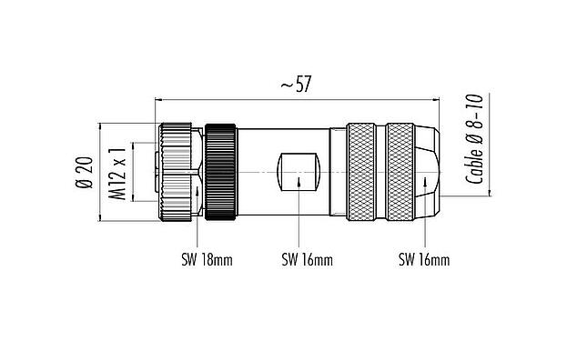 Méretarányos rajz M12 kábel aljzat, : 5, 8,0-10,0 mm, árnyékolható, csavaros bilincs, IP67, UL 2238, árnyékoló gyűrűvel