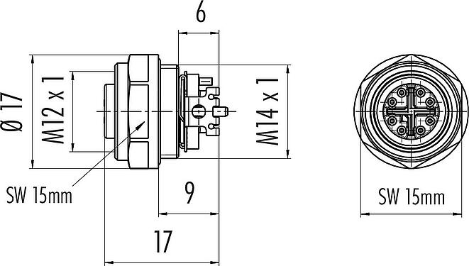 Maßzeichnung M12 Flanschdose, Polzahl: 8, schirmbar, SMT, IP68, M14x1,0, Rückwandmontage