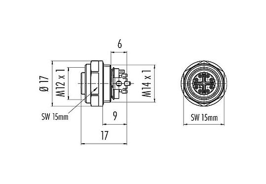 Maßzeichnung M12 Flanschdose, Polzahl: 8, schirmbar, SMT, IP68, M14x1,0, Rückwandmontage