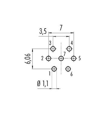 Conductor layout M16 Male panel mount connector, Contacts: 7 (07-a), unshielded, THT, IP40, M18x0,75, Rear mounting