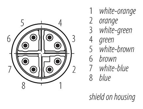 Uspořádání kontaktů (strana zástrčky) M16 Zástrčka kabelu, : 8, 5,5-9,0 mm, stínitelné, IDC, IP67