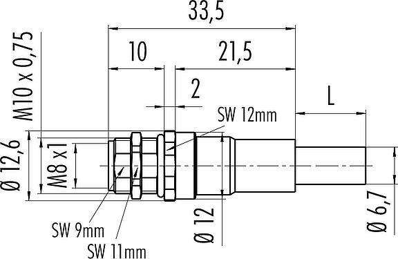 Dessin coté M8 Embase femelle, Contacts: 4, blindé, assemblés avec câble, IP67, M10x0,75, Ethernet, PUR, vert, 4 x AWG 22, Montage mural arrière, coulé, 0,5 m