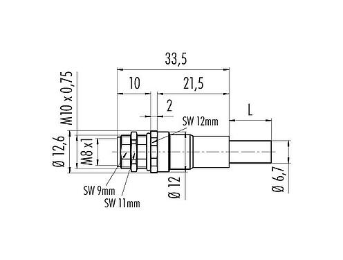 Disegno in scala M8 Connettore femmina a flangia, Numero poli: 4, schermato, assemblati con cavo, IP67, M10x0,75, Ethernet, PUR, verde, 4 x AWG 22, Montaggio su panello posteriore, 0,5 m