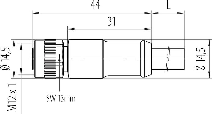 Schaaltekening M12 Kabeldoos, aantal polen: 4, onafgeschermd, aan de kabel aangegoten, IP68, UL 2238, PUR, zwart, 4 x 1,50 mm², 2 m