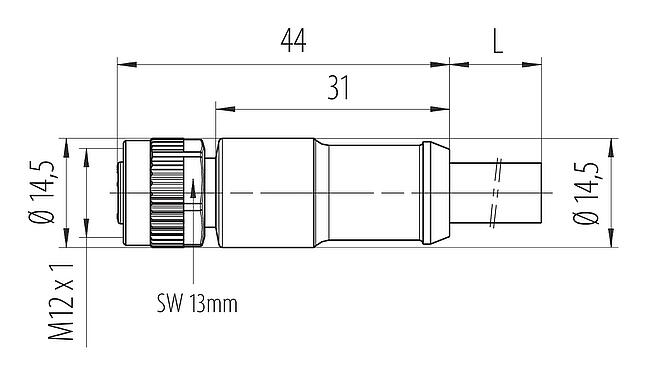 Maßzeichnung M12 Kabeldose, Polzahl: 4, ungeschirmt, am Kabel angespritzt, IP68, UL 2238, PUR, schwarz, 4 x 1,50 mm², 5 m
