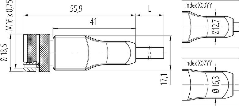 Maßzeichnung M16 Kabeldose, Polzahl: 3, geschirmt, am Kabel angespritzt, IP67, PUR, schwarz, 3 x 0,34 mm², 5 m