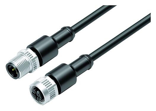 Illustration M12 Connecting cable male cable connector - female cable connector, Contacts: 4, unshielded, moulded on the cable, IP67/IP69K, UL 2238, PUR, black, 4 x 0.34 mm², 1 m