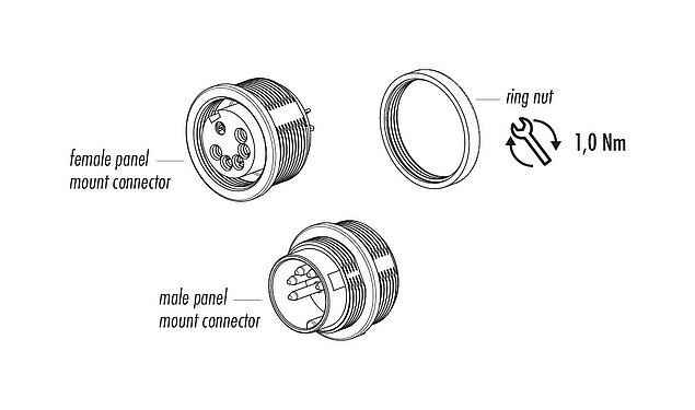 Artikelbeschrijving M16 Female panel mount connector, aantal polen: 12 (12-a), onafgeschermd, soldeer, IP40, M18x0,75, Frontaansluiting