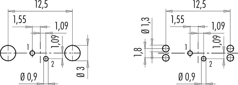導體佈局 M9 孔頭法蘭座, : 2, 可接遮罩, THT, IP67, M12x0.5, 後壁安裝, 模压
