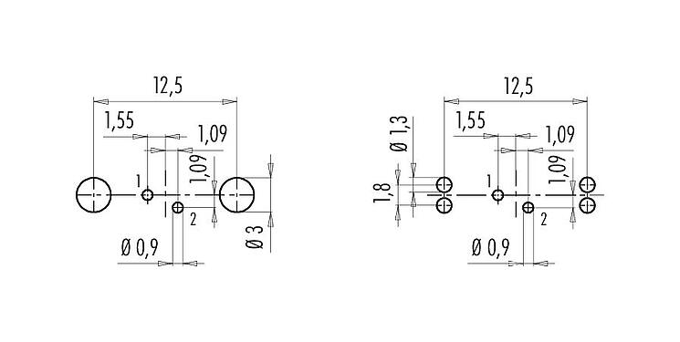 Disposizione dei conduttori 09 0404 35 02 - M9 Connettore femmina a flangia, Numero poli: 2, schermabile, THT, IP67, montaggio anteriore