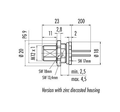 Scale drawing M12 Male panel mount connector, Contacts: 4, unshielded, single wires, IP68, UL 2238, PG 9, Rear mounting