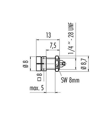 Scale drawing Snap-In Male panel mount connector, Contacts: 3, unshielded, solder, IP40, 1/4" 28 UNF, Front mounting