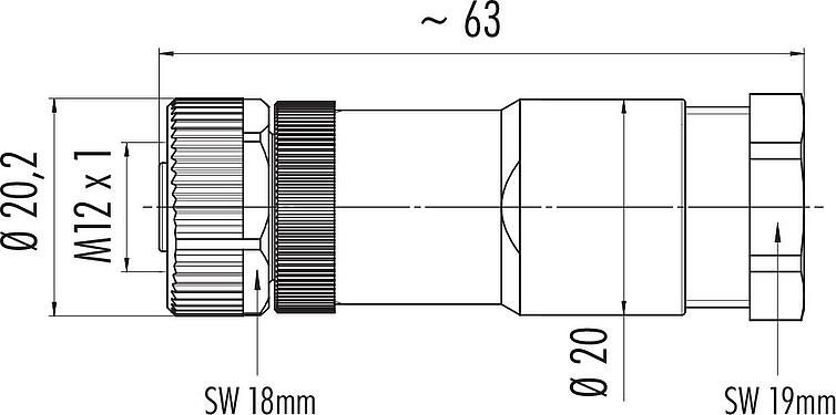 Scale drawing M12 Female cable connector, Contacts: 8, 8.0-10.0 mm, unshielded, screw clamp, IP67, UL 2238, PG 11
