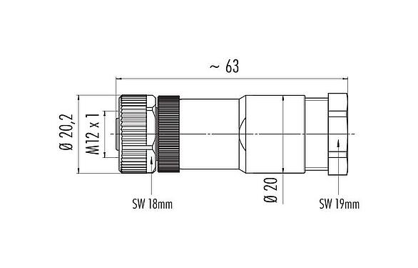 Méretarányos rajz M12 kábel aljzat, : 8, 8,0-10,0 mm, árnyékolatlan, csavaros bilincs, IP67, UL 2238, PG 11