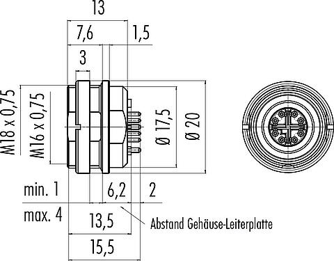 Maßzeichnung M16 Flanschdose, Polzahl: 8, schirmbar, THR, IP67, M18x0,75, Rückwandmontage