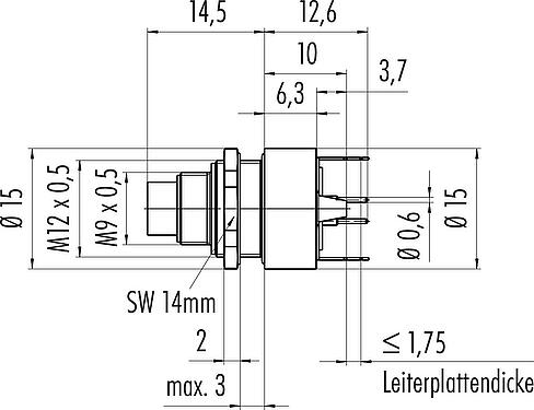 Maßzeichnung M9 Flanschstecker, Polzahl: 3, schirmbar, THT, IP67, M12x0,5, Rückwandmontage, vergossen