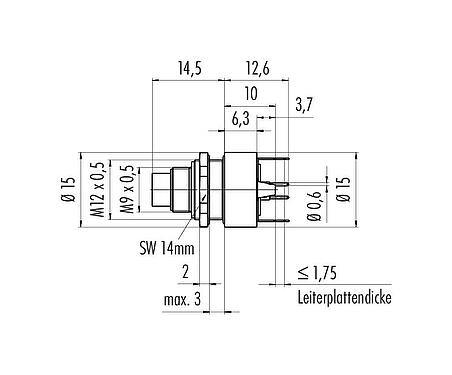 Maßzeichnung M9 Flanschstecker, Polzahl: 3, schirmbar, THT, IP67, M12x0,5, Rückwandmontage, vergossen