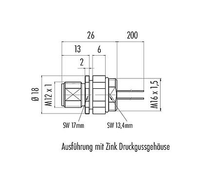 Maßzeichnung M12 Flanschstecker, Polzahl: 4, ungeschirmt, Litzen, IP68, UL 2238, M16x1,5, Frontmontage