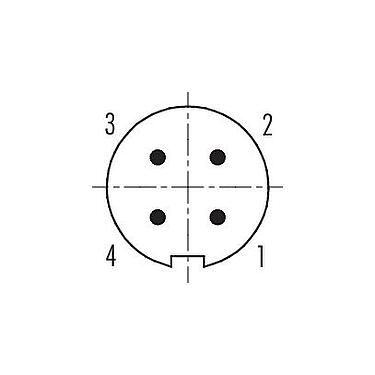 Polbild (Steckseite) M9 Kabelstecker, Polzahl: 4, 3,5-5,0 mm, schirmbar, löten, IP67, mit Schirmmanschette