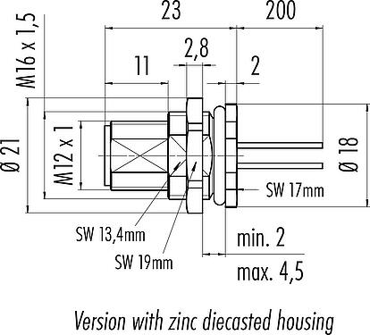 Scale drawing M12 Male panel mount connector, Contacts: 8, unshielded, single wires, IP68, UL 2238, M16x1.5, Rear mounting