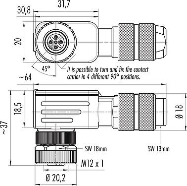 스케일 드로잉 M12 각진 소켓, 콘택트 렌즈: 5, 5.0-8.0mm, 차폐 가능, 나사 클램프, IP67, UL 2238, 아이리스 스프링