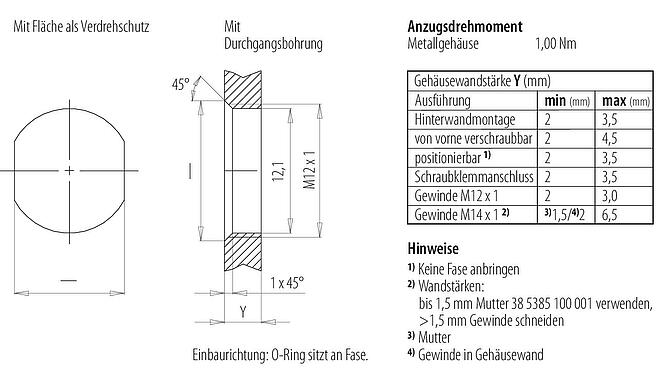 Montageanleitung / Montageausschnitt M12 Flanschdose, Polzahl: 8, schirmbar, THT, IP67, UL, M12x1,0, Frontmontage