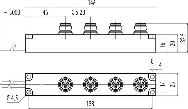 Dessin coté Snap-In Distributeur 4 voies, Contacts: 3, non blindé, surmoulé sur le câble, IP67, 3 x 0,75 mm²