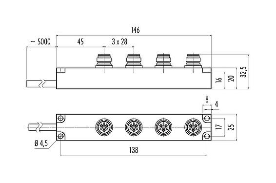 Desenho da escala Snap-in Distribuidor de 4 vias, Contatos: 5, desprotegido, moldado no cabo, IP67, 5 x 0,75 mm²