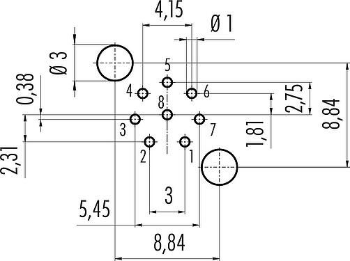 Conductor layout M12 Female panel mount connector, Contacts: 8, shieldable, THT, IP68, UL 2238, PG 9, Rear mounting, potted