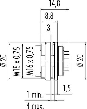 縮尺図 M16 メスパネルマウントコネクタ, 極数: 4 (04-a), 非シールド, 圧着(ピンコンタクトは別途注文要), IP40, M18x0,75, 背面パネルマウント