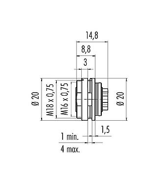 Scale drawing M16 Female panel mount connector, Contacts: 8 (08-a), unshielded, crimping (Crimp contacts must be ordered separately), IP40, M18x0,75, Rear mounting