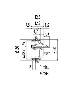 Maßzeichnung M16 Flanschdose, Polzahl: 6 (06-a), ungeschirmt, löten, IP67, UL 2238, M18x0,75, Rückwandmontage