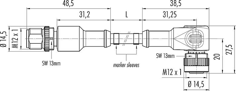 Disegno in scala M12 Cavo di collegamento connettore cavo maschio - connettore angolare femmin, Numero poli: 3, non schermato, stampato sul cavo, IP68/IP69K, UL 2238, PUR, nero, 3 x 0,34 mm², 2 m
