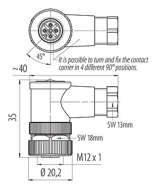 Dibujo a escala M12 Conector hembra en ángulo, Número de contactos: 4, 4,0-6,0 mm, sin blindaje, abrazadera de alambre, IP67